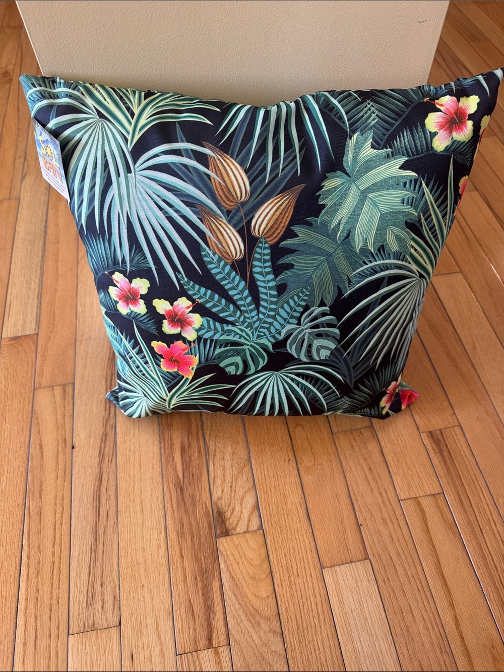 Tropical Leaf Outdoor Throw Pillow - Black/Green with Pink Hibiscus